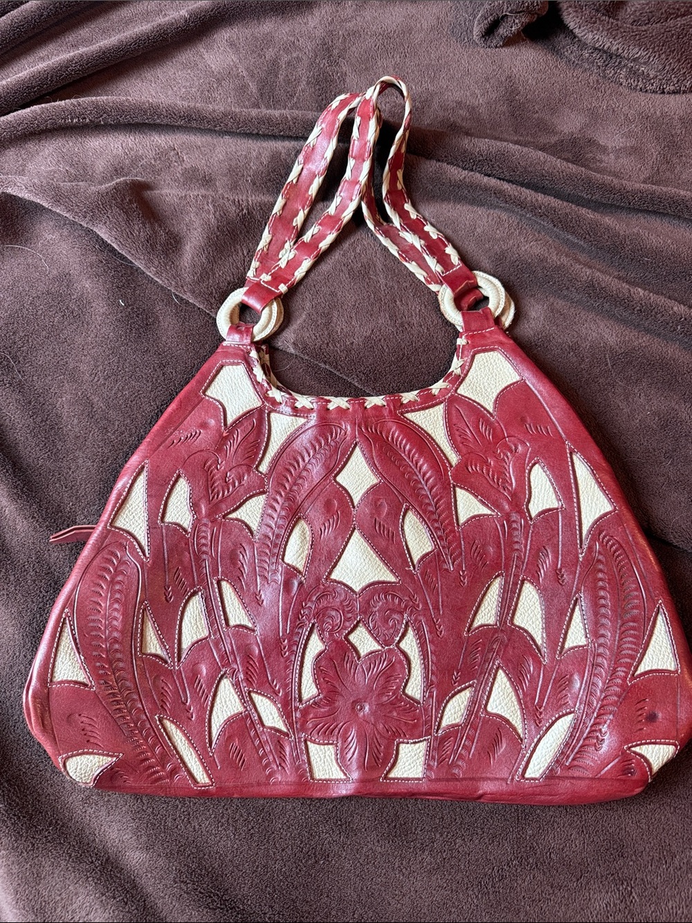 Red Floral Embossed Leather Shoulder Bag
